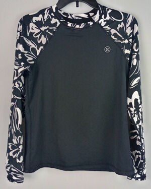 Hurley Womens M Black White Floral Raglan Long Sleeve Athletic Swim Shirt